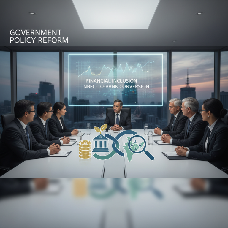 Government officials in a meeting room with a projected graph, discussing NBFC to bank conversion.