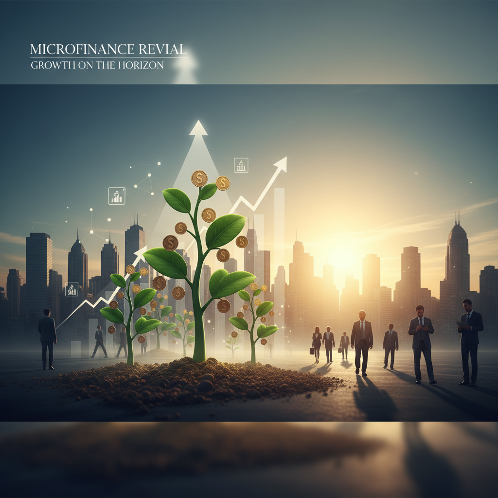 Professional image depicting small money trees growing in an urban landscape, symbolizing microfinance growth.