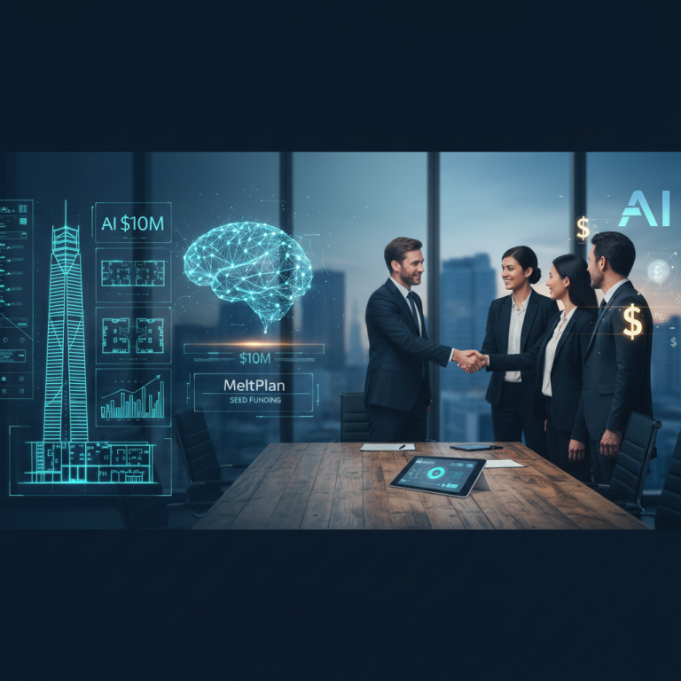 Business professionals shake hands in a modern office, surrounded by AI and construction-related holograms.