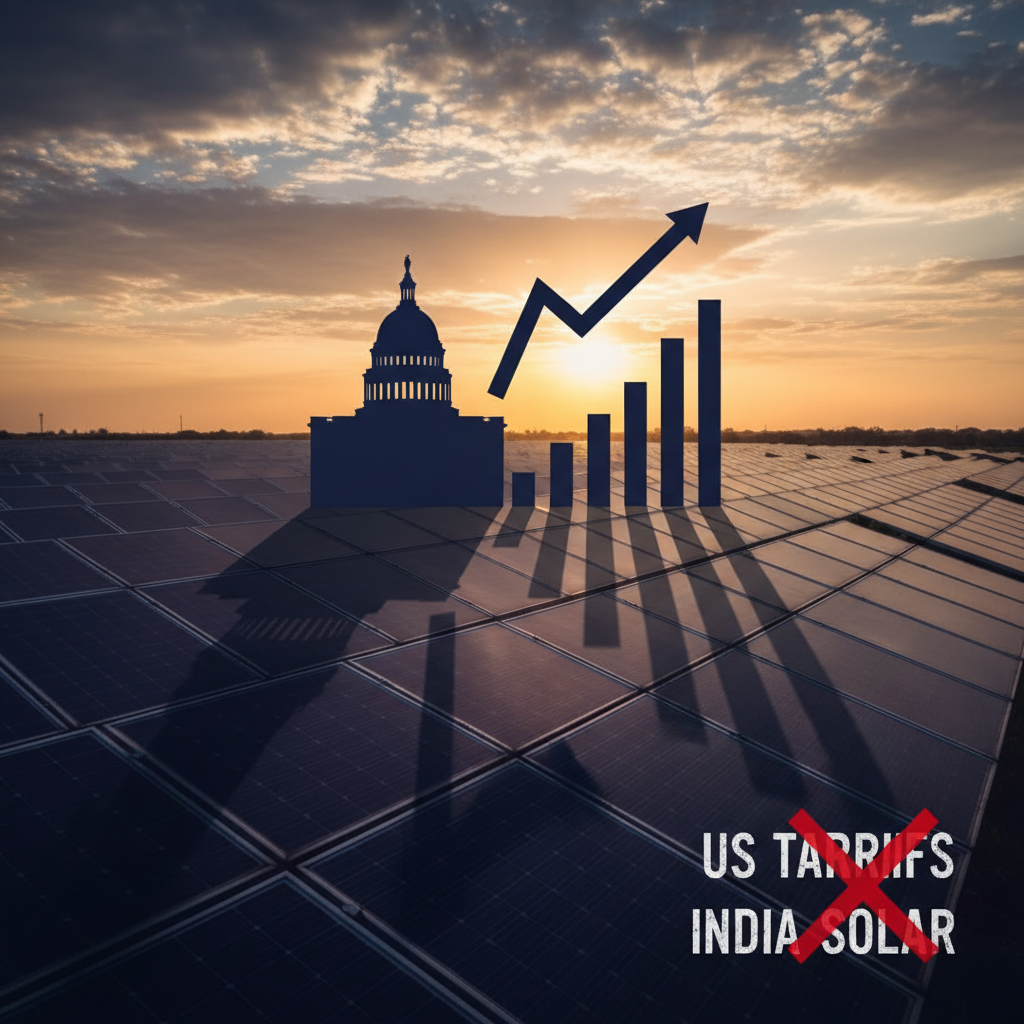 Silhouette of the US Capitol building and a bar graph with an upward arrow over a solar farm at sunset.
