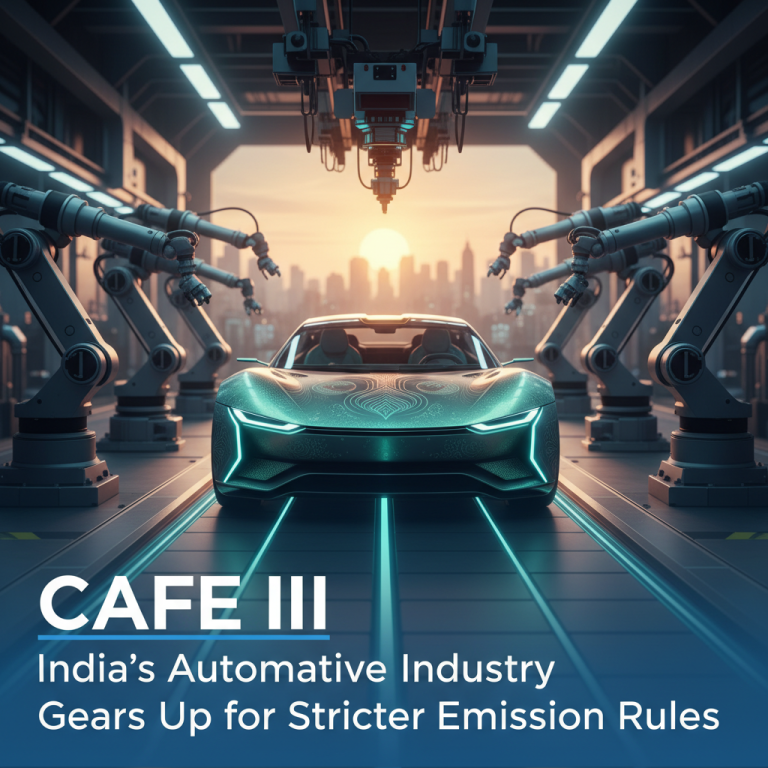 A modern electric car in a futuristic factory with robotic arms, representing India's automotive industry and new emission rules.