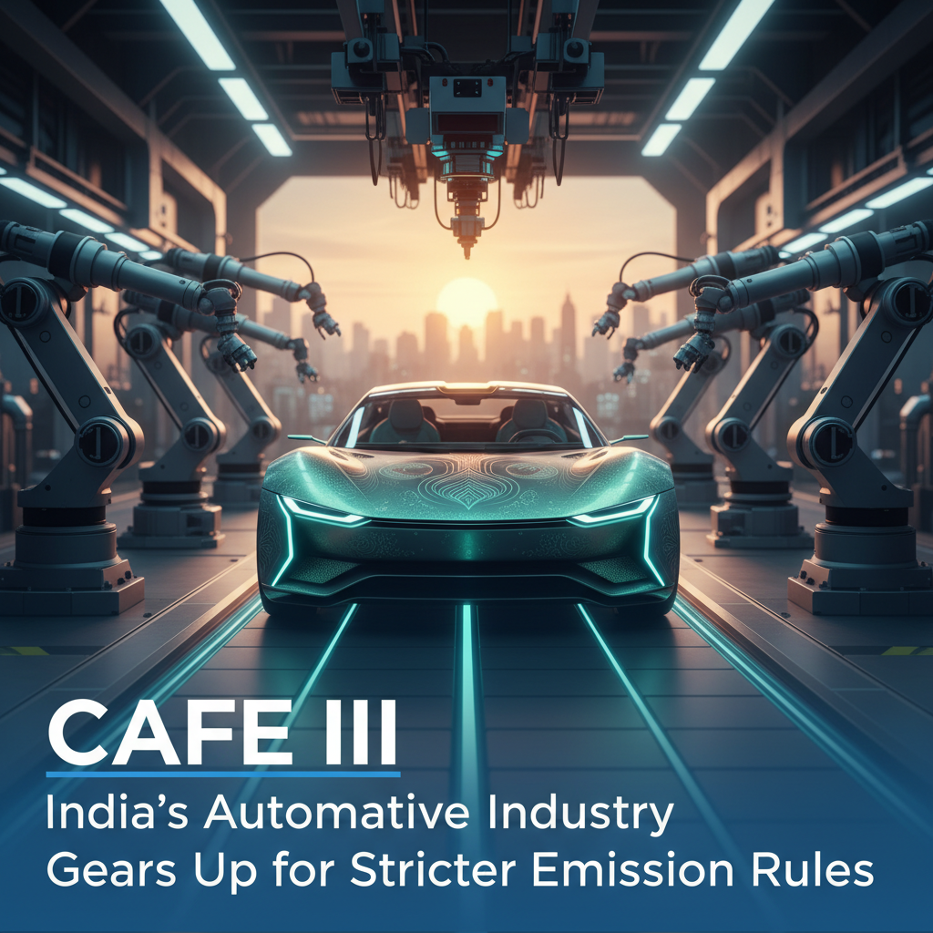 A modern electric car in a futuristic factory with robotic arms, representing India's automotive industry and new emission rules.