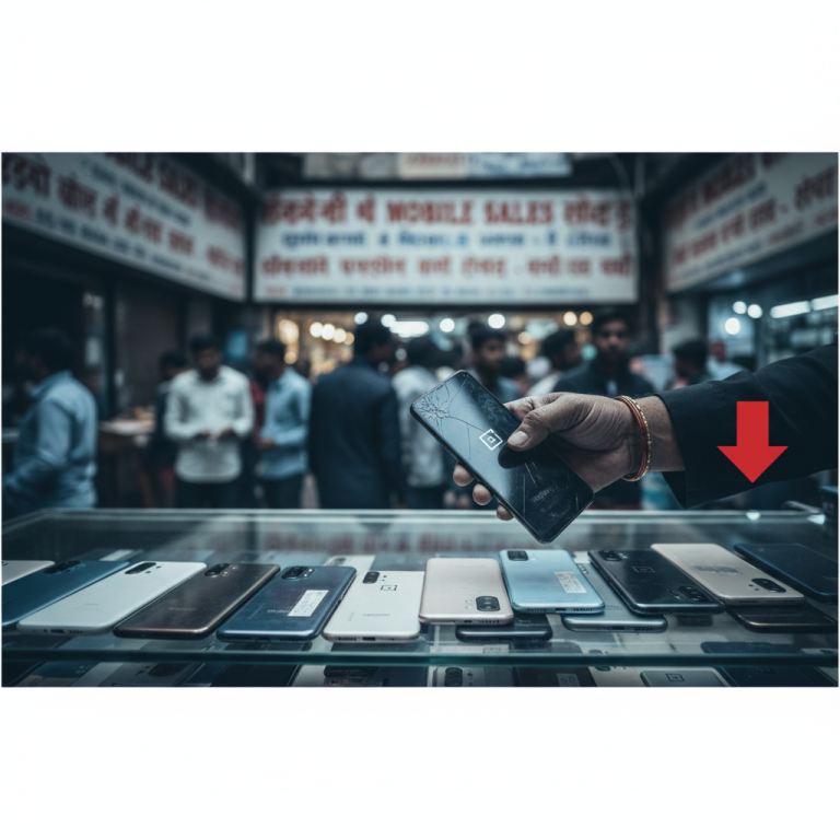 A hand holding a smartphone with a cracked screen, hovering over a display of new smartphones in an Indian market.