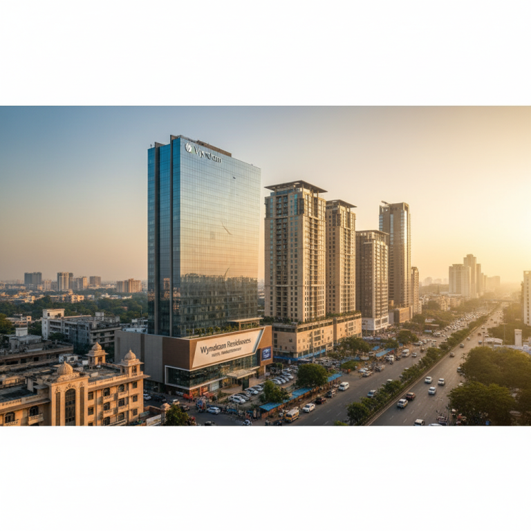 A modern glass Wyndham Hotel building stands tall in an Indian city during sunset, reflecting warm light.
