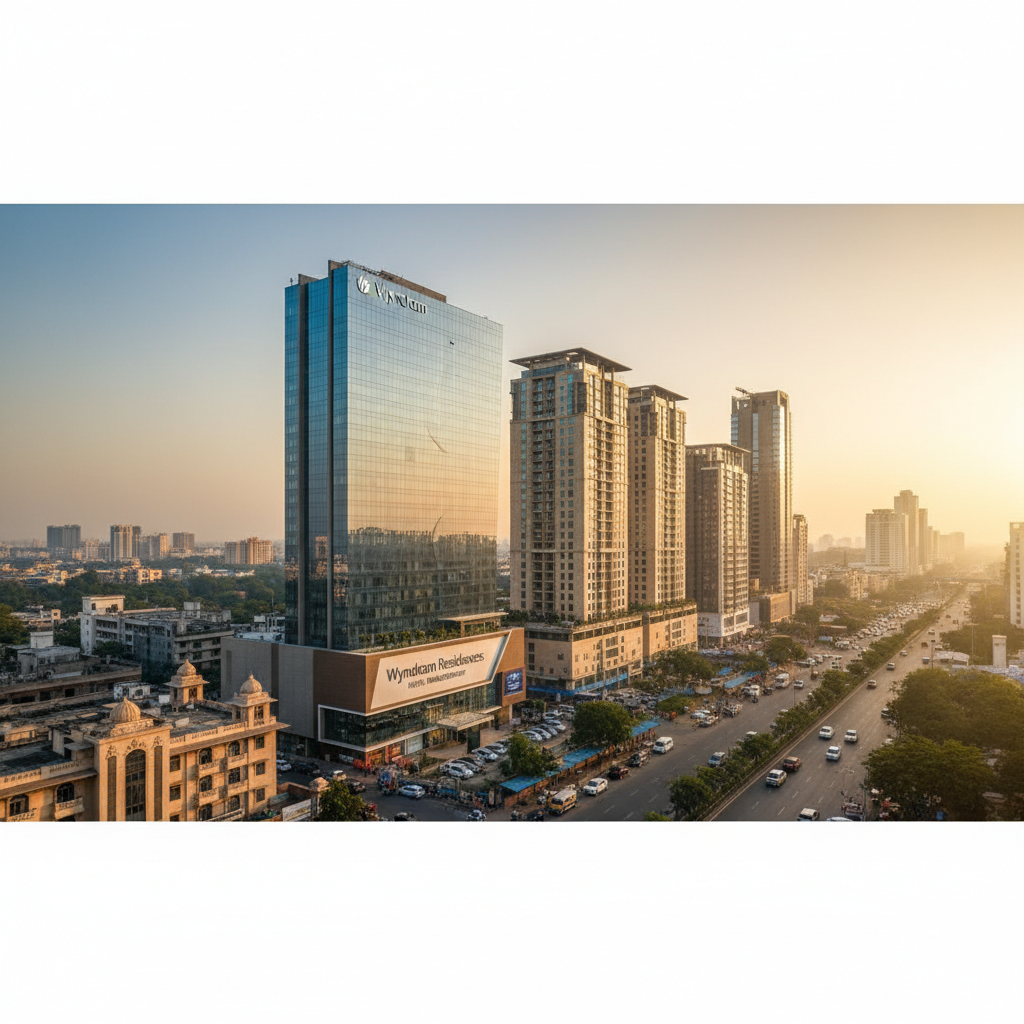 A modern glass Wyndham Hotel building stands tall in an Indian city during sunset, reflecting warm light.