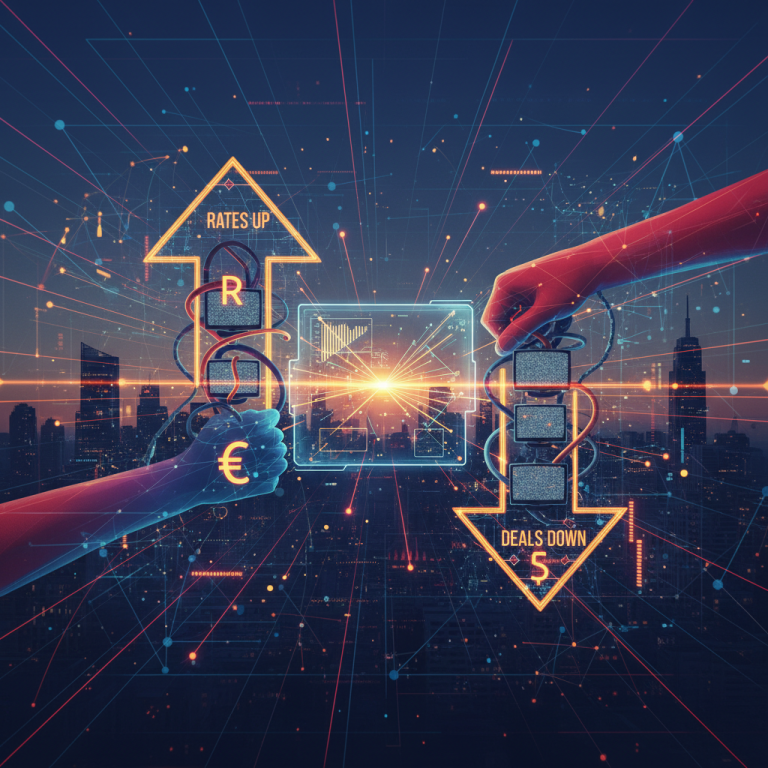 Two hands, one pushing rates up, the other deals down, representing conflict over TV broadcasting rates.