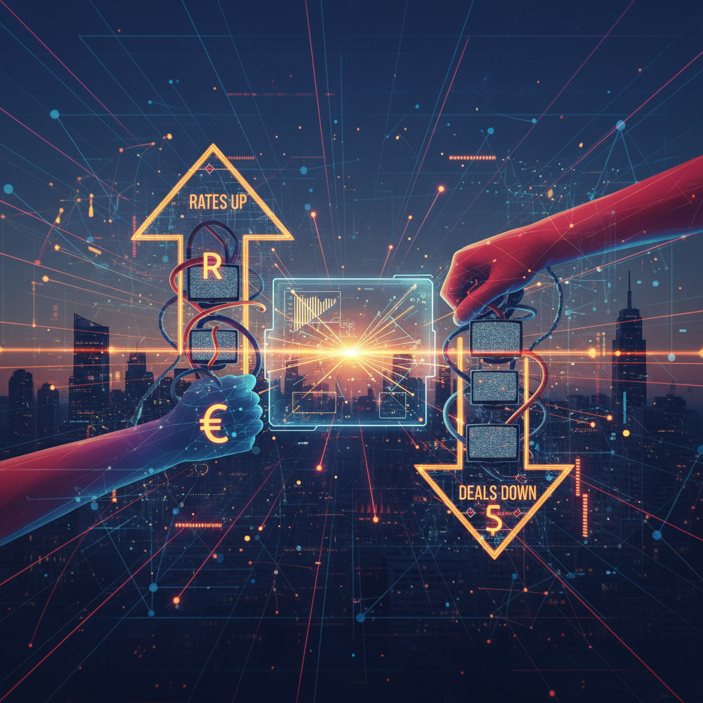 Two hands, one pushing rates up, the other deals down, representing conflict over TV broadcasting rates.