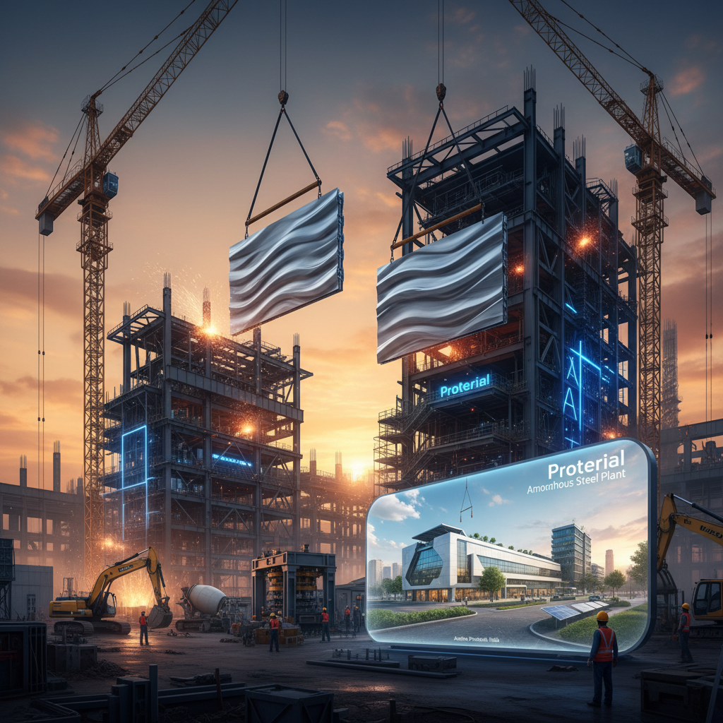 A professional image showing a construction site with cranes, workers, and a holographic overlay of Proterial's amorphous steel plant.