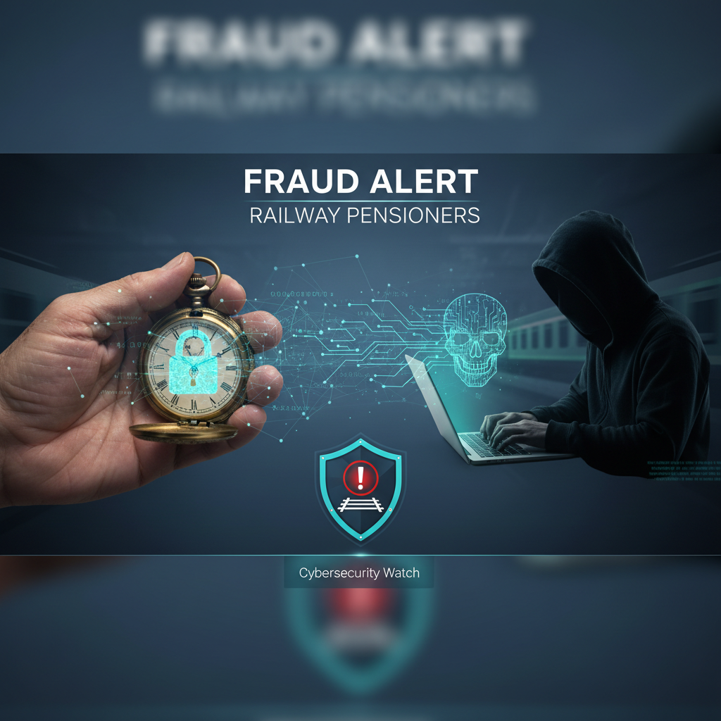 Digital composite showing a hand holding a pocket watch with a lock icon, a hacker at a laptop, and a shield with a railway symbol and exclamation mark.