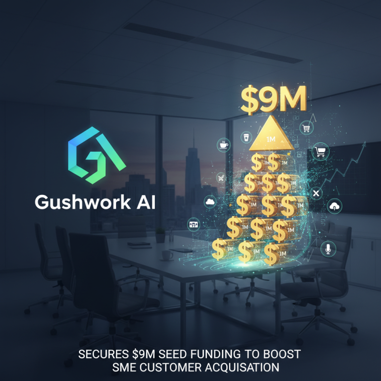 A modern office setting with a glowing golden "$9M" representing funding growth, intertwined with AI and business icons.