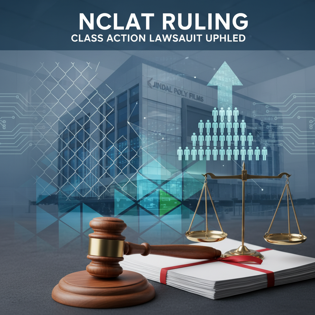 A gavel and scales of justice in the foreground, with the Jindal Poly Films building and a growth arrow in the background.