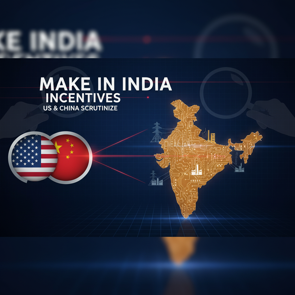 Digital illustration showing US, China flags, and a circuit board map of India, representing scrutiny of manufacturing.
