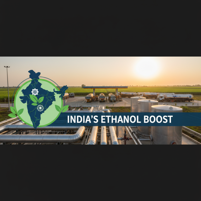 A professional image depicting India's ethanol blend policy, with fuel trucks, industrial pipes, and a map of India.