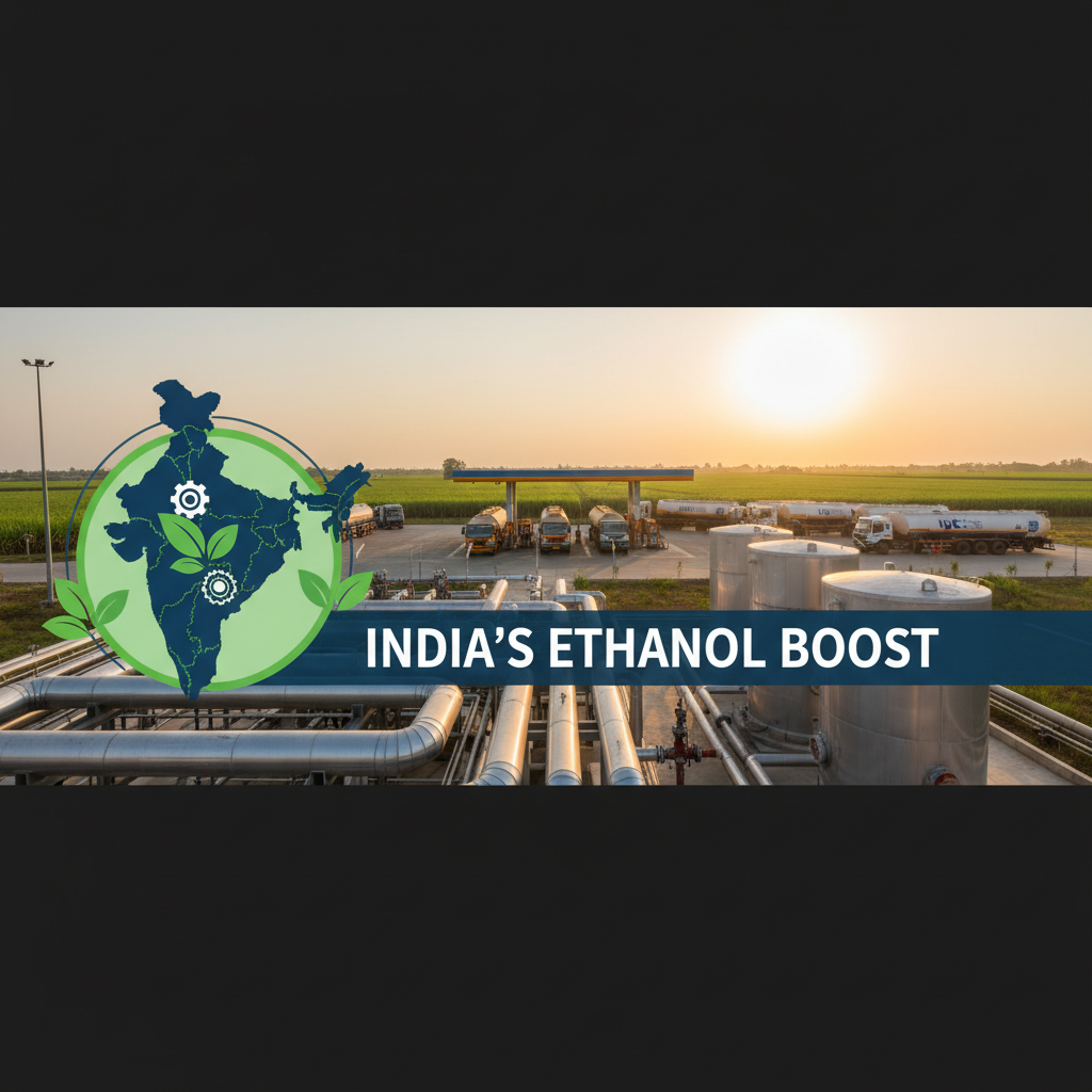 A professional image depicting India's ethanol blend policy, with fuel trucks, industrial pipes, and a map of India.