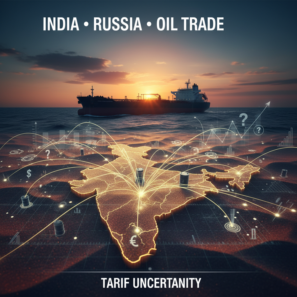 A professional visual representing India's complex oil trade with Russia, featuring a map of India, an oil tanker, and economic graphics.