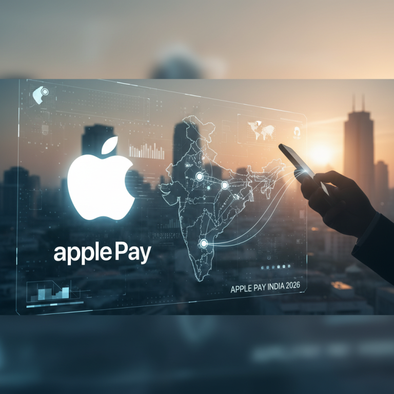 A digital overlay of the Apple logo and India's map, signifying Apple Pay's 2026 launch in India.