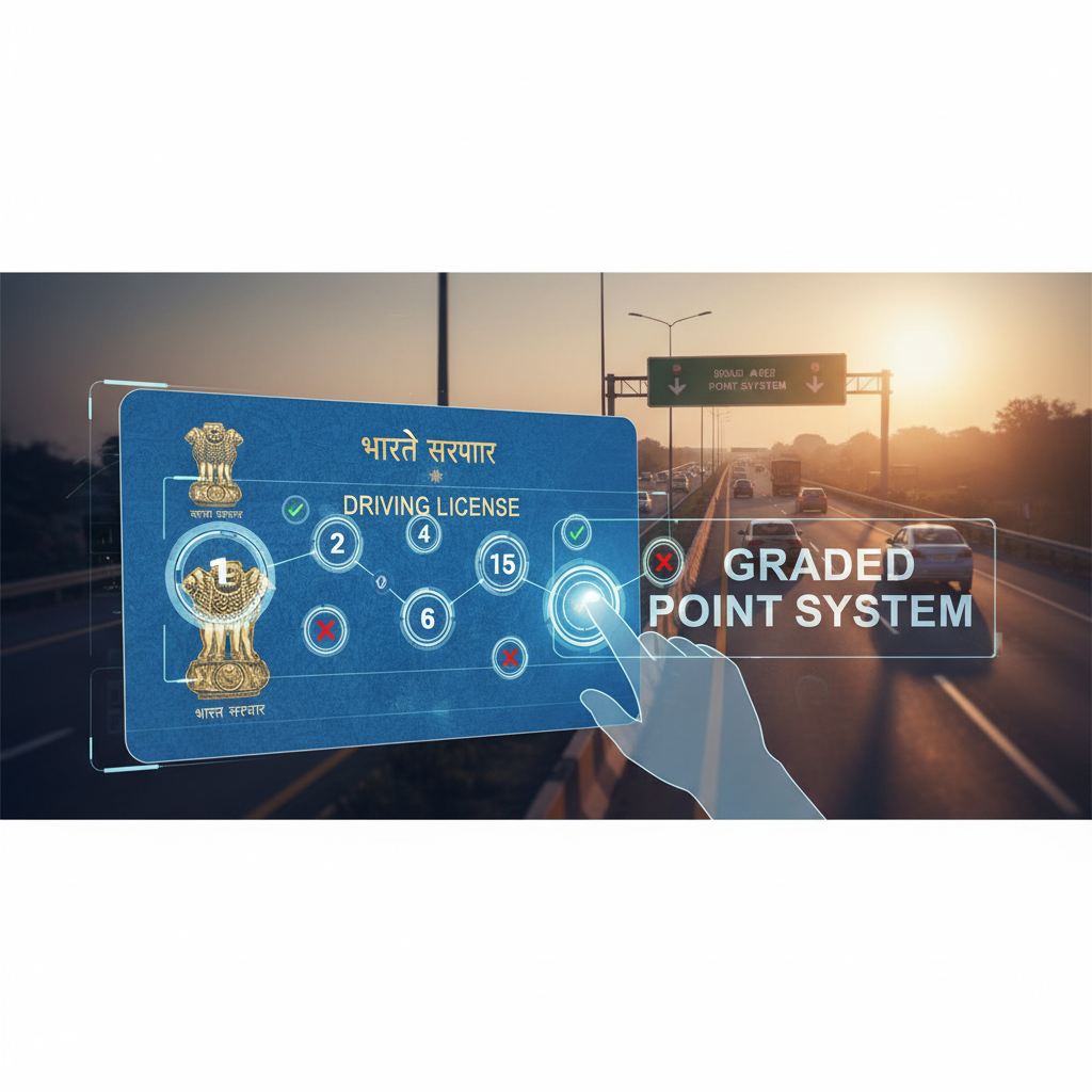 A digital overlay showing a driving license with a point system and the text "GRADED POINT SYSTEM" over a highway at sunset.