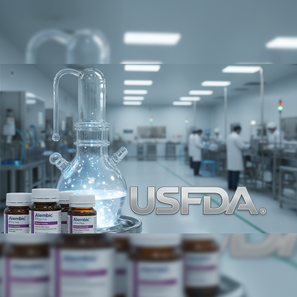A professional image showing pharmaceutical bottles, a lab flask, and the USFDA logo, set against a blurred manufacturing facility.