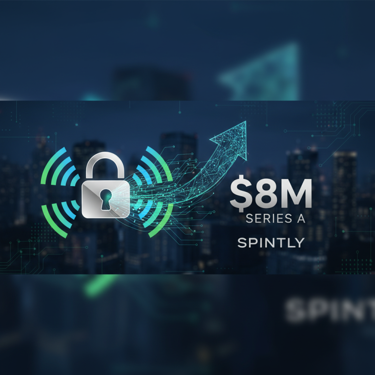 A digital lock icon with wireless signals radiating, an upward arrow circuit, and "$8M Series A Spintly" text.