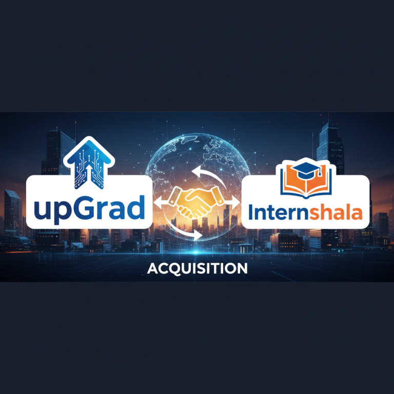 upGrad and Internshala logos with handshake icon, symbolizing an acquisition in the edtech sector.