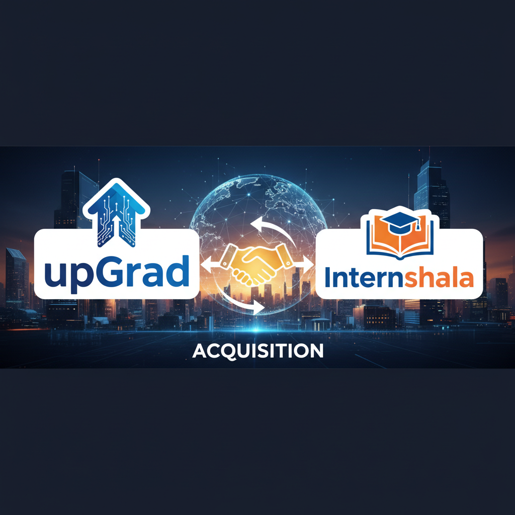 upGrad and Internshala logos with handshake icon, symbolizing an acquisition in the edtech sector.