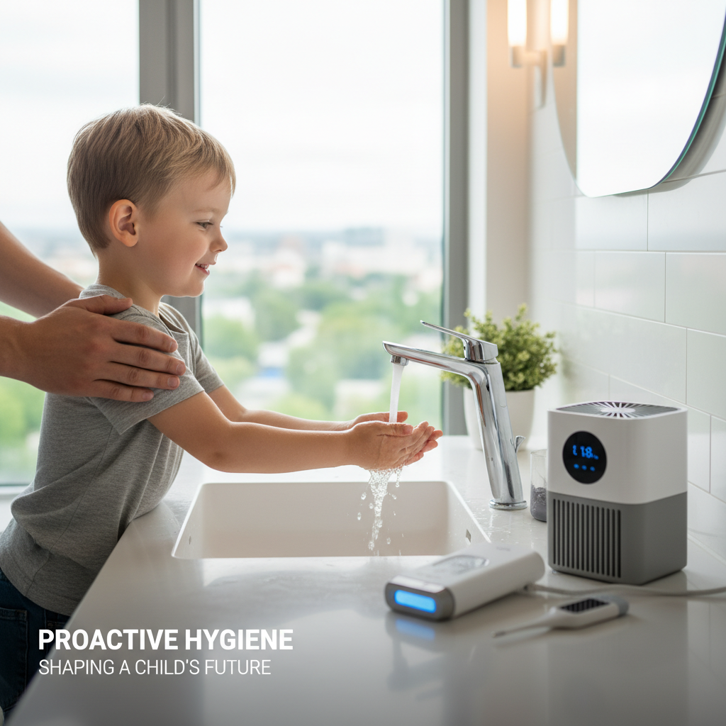 A child washing hands with an adult's guidance, with hygiene devices on the counter.