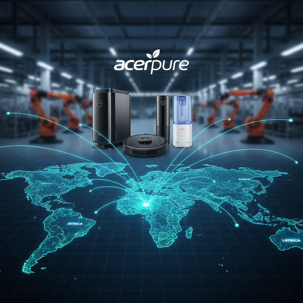 A digital world map with glowing lines extending from India to various emerging markets, showcasing Acerpure products.