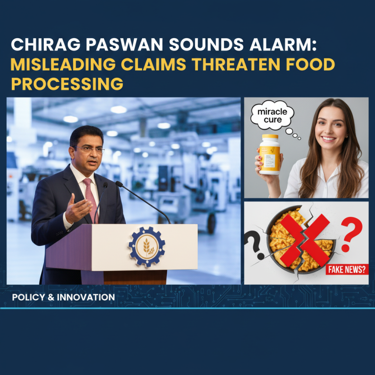 A professional image depicting Chirag Paswan speaking, with supporting visuals related to food processing and misinformation.