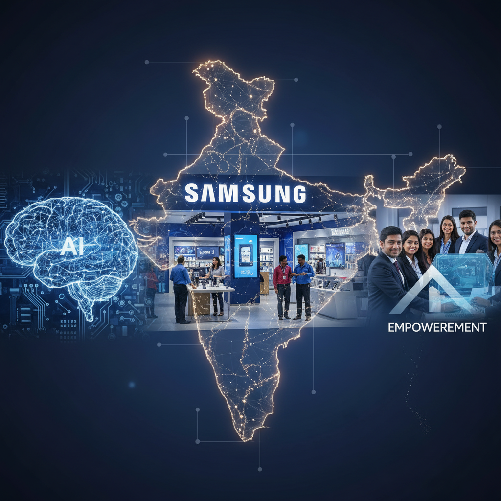 A collage symbolizing Samsung's strategy in India, featuring a map, retail stores, AI, and employees.