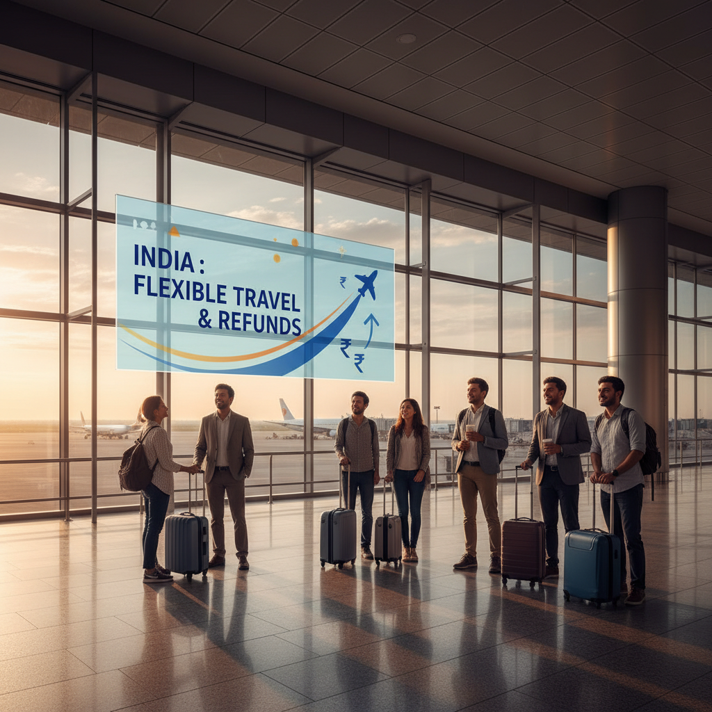 Passengers at an airport with a graphic indicating "India: Flexible Travel & Refunds" with an airplane and currency symbols.