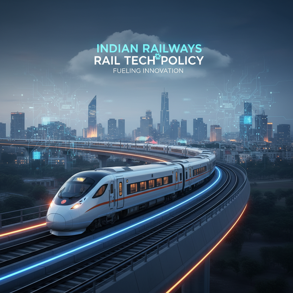 High-speed train with glowing tracks over a modern cityscape at dusk, representing advanced rail technology and innovation.