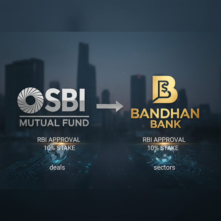 A professional graphic depicting the logos of SBI Mutual Fund and Bandhan Bank with an arrow in between, symbolizing the acquisition.
