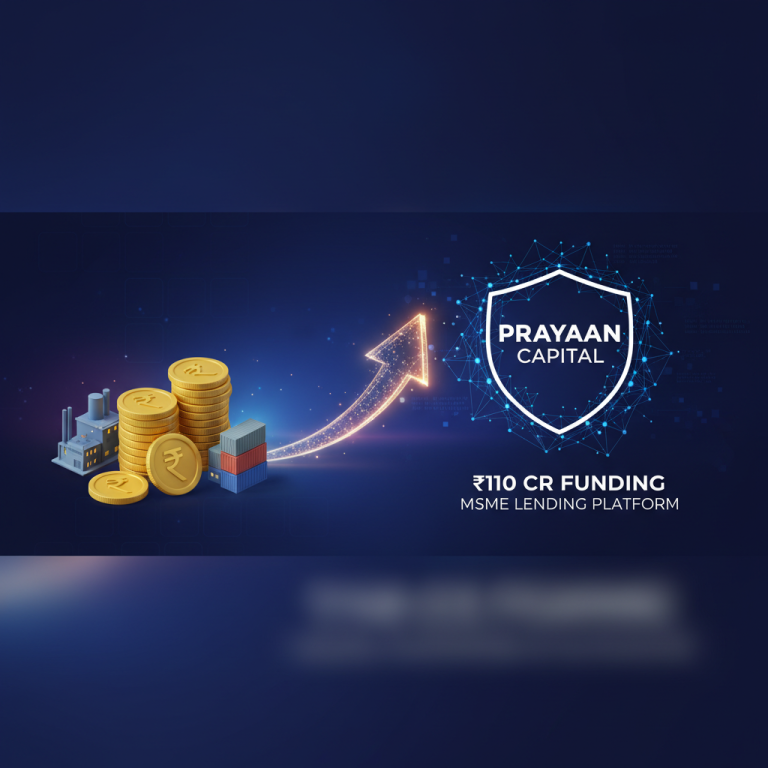 Digital illustration showing financial growth with coins, a factory, and shipping containers, alongside "Prayaan Capital" logo and funding details.