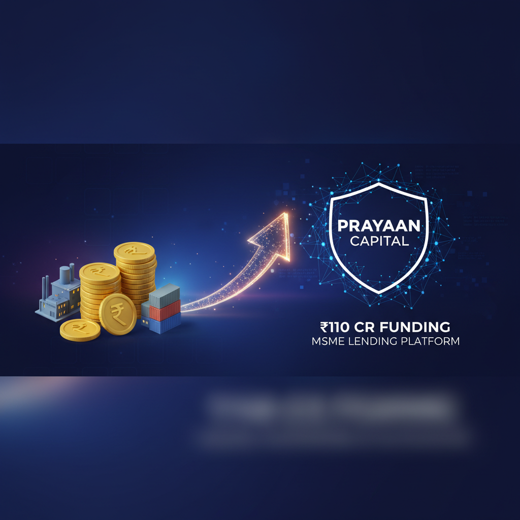 Digital illustration showing financial growth with coins, a factory, and shipping containers, alongside "Prayaan Capital" logo and funding details.