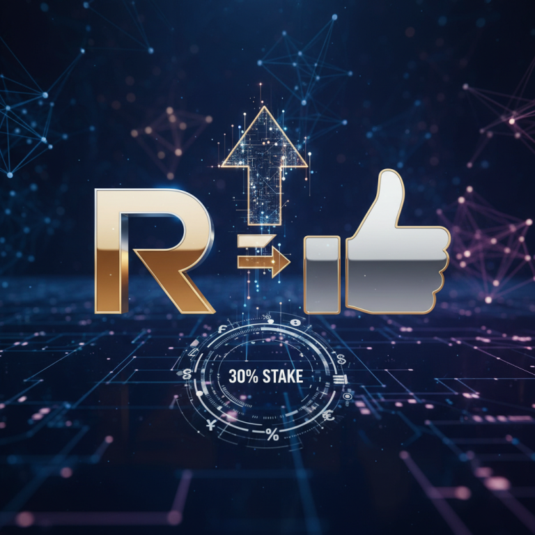 A prominent R, an arrow pointing to a thumbs-up, and "30% STAKE" in a futuristic digital environment.