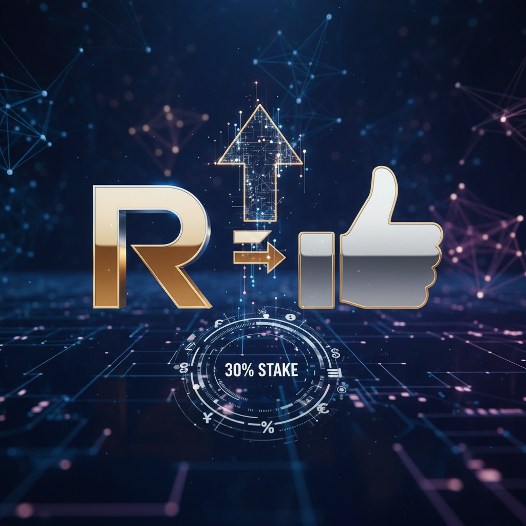 A prominent R, an arrow pointing to a thumbs-up, and "30% STAKE" in a futuristic digital environment.