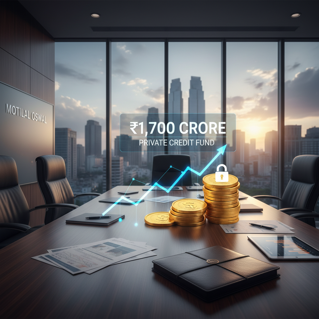 A professional conference room with an illuminated financial growth chart, coins, and a locked stack, signifying a private credit fund milestone.