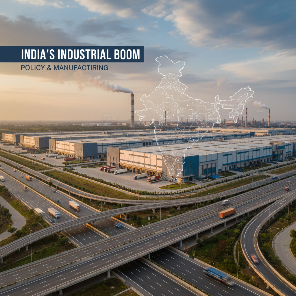 Aerial view of a massive industrial park and warehousing complex with highways and an overlay of India's map.