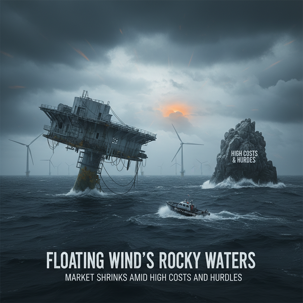 A precarious, half-submerged floating wind platform in stormy seas with a rock labeled "High Costs & Hurdles."