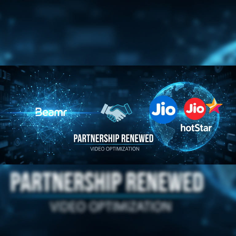 A digital graphic showing the logos of Beamr and JioHotstar connected by a handshake icon, signifying their renewed partnership.