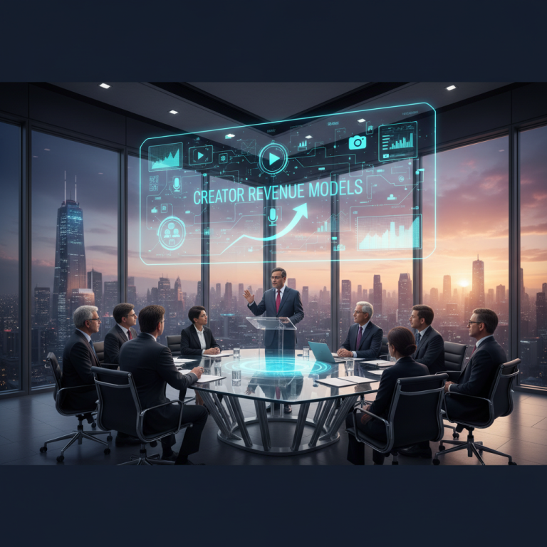 A professional meeting with India's IT Minister, discussing creator revenue models on a holographic display.