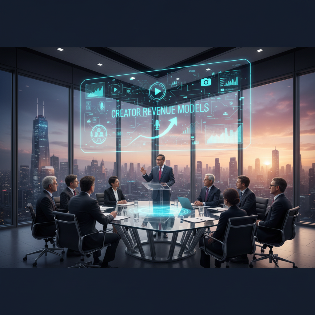 A professional meeting with India's IT Minister, discussing creator revenue models on a holographic display.