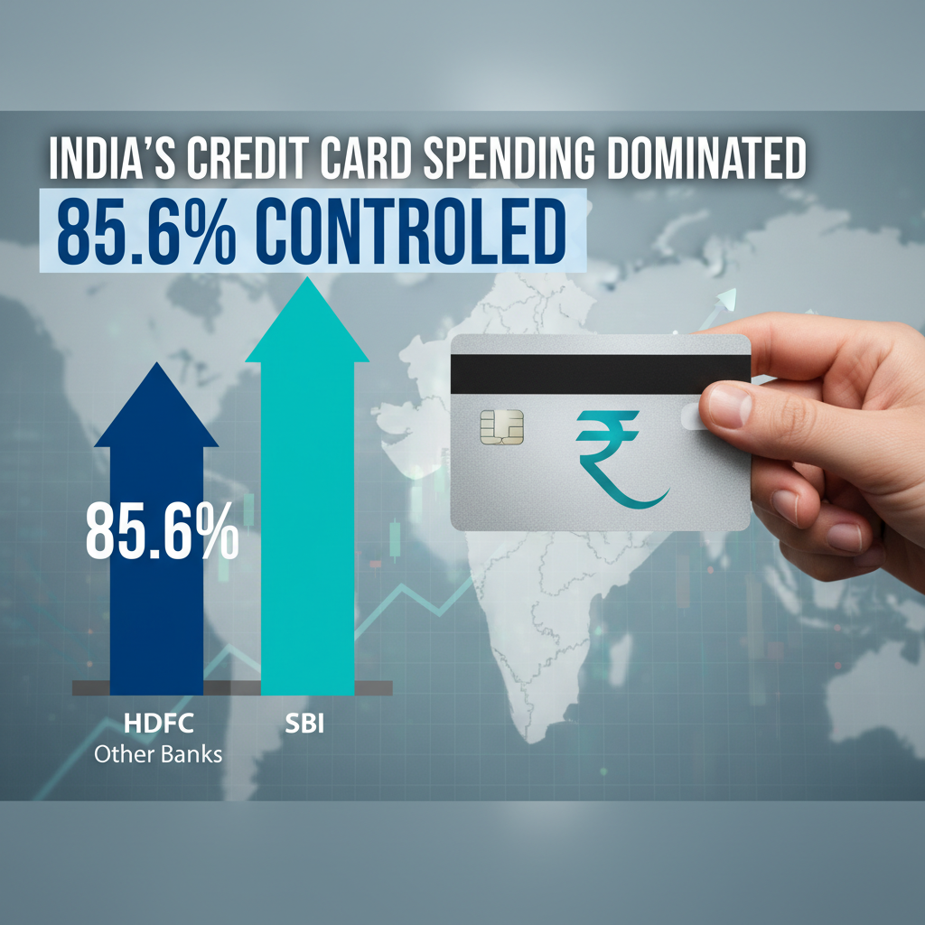 A professional image illustrating the dominance of HDFC and SBI in India's credit card market with a credit card and bar graph.