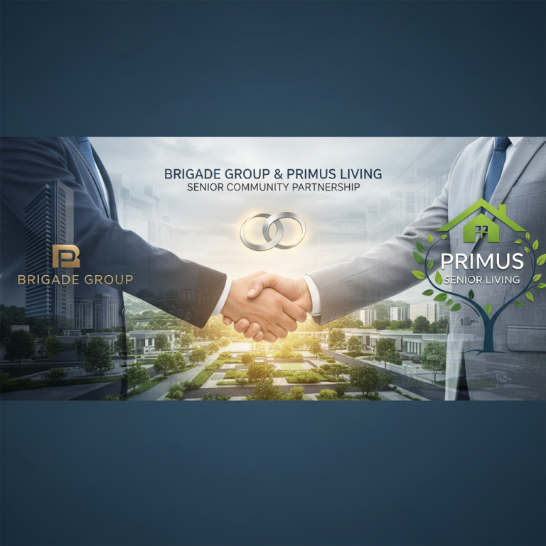 Two businessmen shaking hands, with company logos and modern architecture in the background.