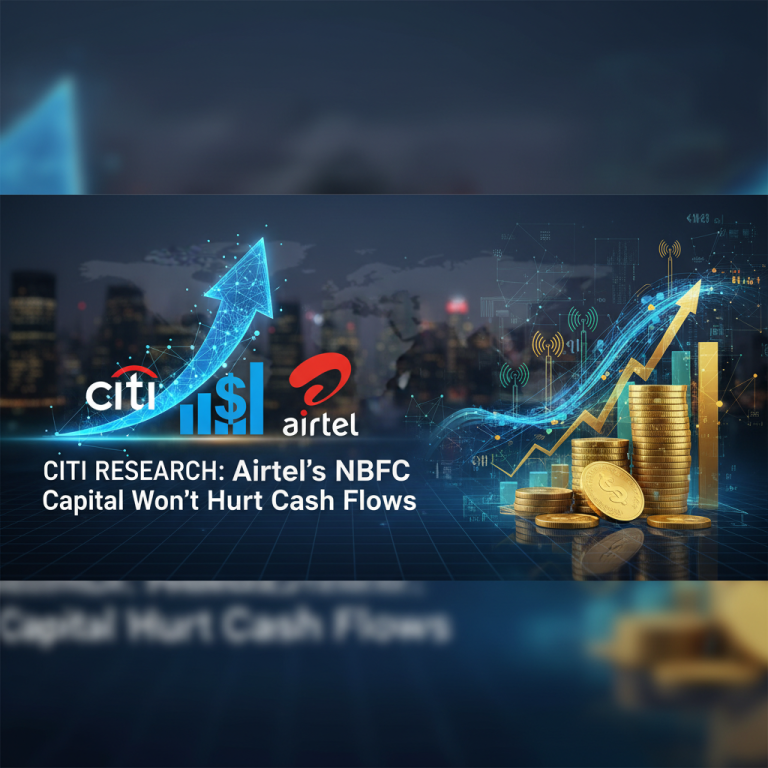 Professional image representing financial growth for Airtel, with Citi's logo, upward arrows, and coins, set against a city background.