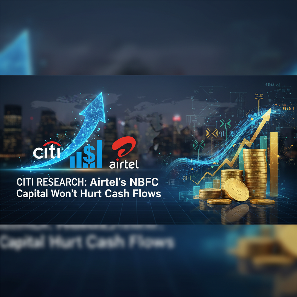 Professional image representing financial growth for Airtel, with Citi's logo, upward arrows, and coins, set against a city background.