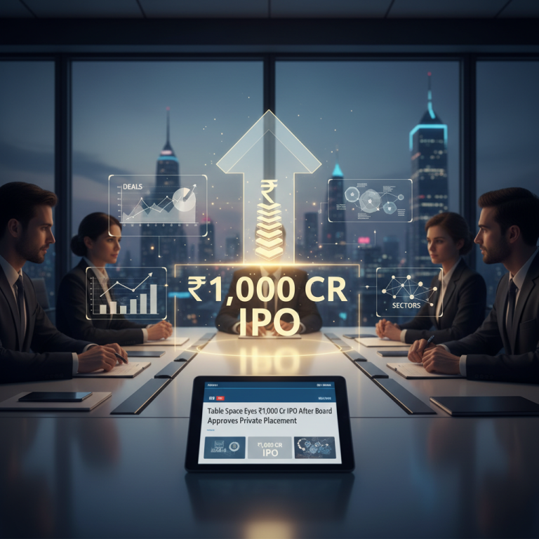 Business professionals in a boardroom with holographic financial projections and a tablet displaying the article title.