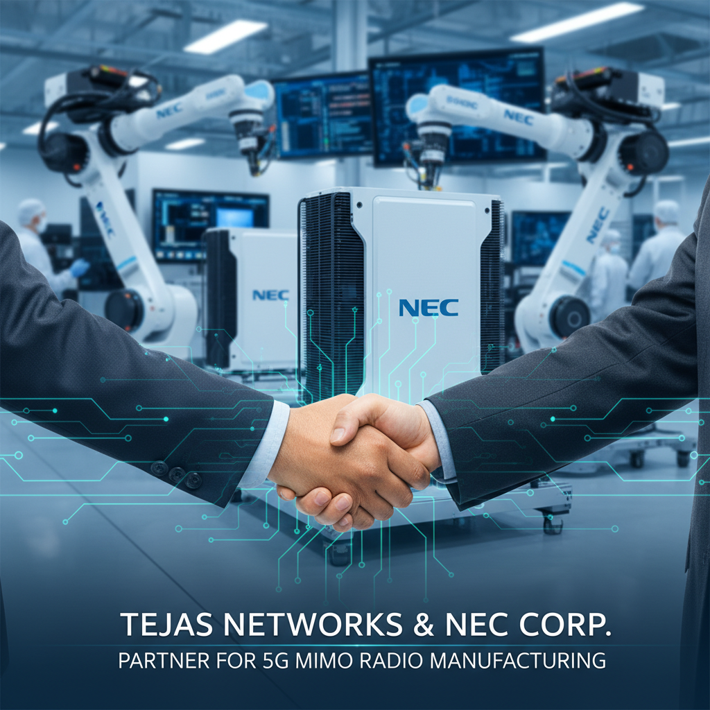 Two business professionals shaking hands in a futuristic manufacturing facility, with 5G radio equipment and robotic arms visible.