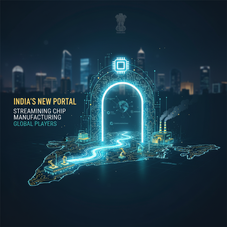 A glowing, futuristic map of India with integrated circuit pathways leading to a digital portal and chip.
