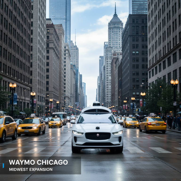 A Waymo driverless car in a bustling Chicago downtown street with taxis, skyscrapers, and text overlay.